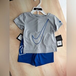 Nike Kids Gray Tee with Blue Logo and Shorts